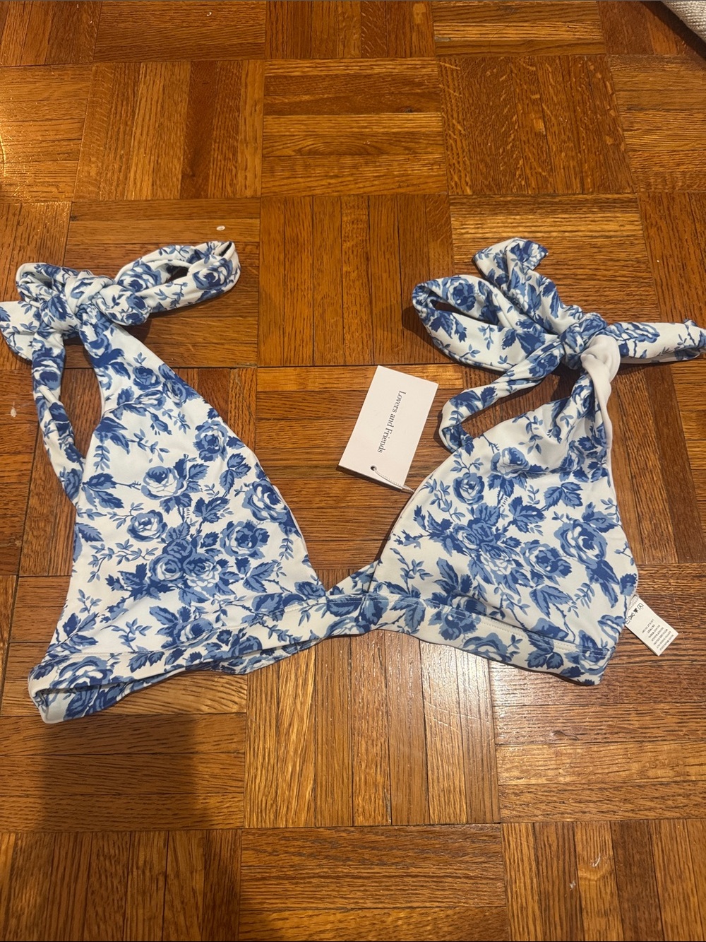 Lovers + Friends Blue and White Floral Tie-Shoulder Bikini Top